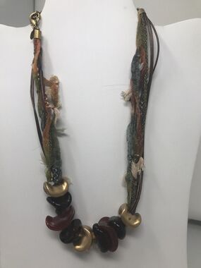 CHICO'S Necklace BOHO Beads Tattered Fabric Chunky Bohemian